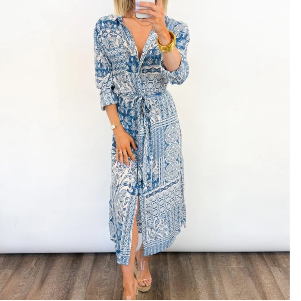 Blue and White Patterned Midi Dress